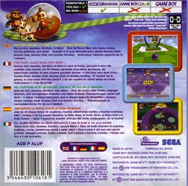 Box back cover for Super Monkey Ball Jr. on the Nintendo Game Boy Advance.