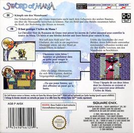 Box back cover for Sword of Mana on the Nintendo Game Boy Advance.