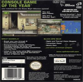 Box back cover for Tom Clancy's Splinter Cell on the Nintendo Game Boy Advance.