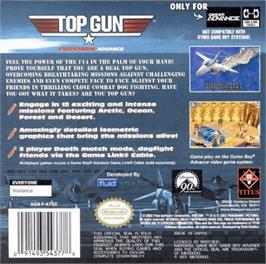 Box back cover for Top Gun: Firestorm on the Nintendo Game Boy Advance.