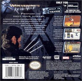 Box back cover for X2: Wolverine's Revenge on the Nintendo Game Boy Advance.