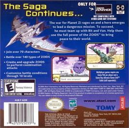 Box back cover for Zoids: Legacy on the Nintendo Game Boy Advance.