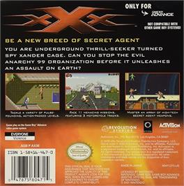Box back cover for xXx on the Nintendo Game Boy Advance.