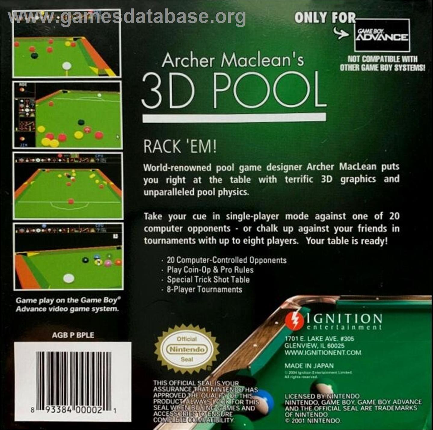 Archer Maclean's 3d Pool - Nintendo Game Boy Advance - Artwork - Box Back