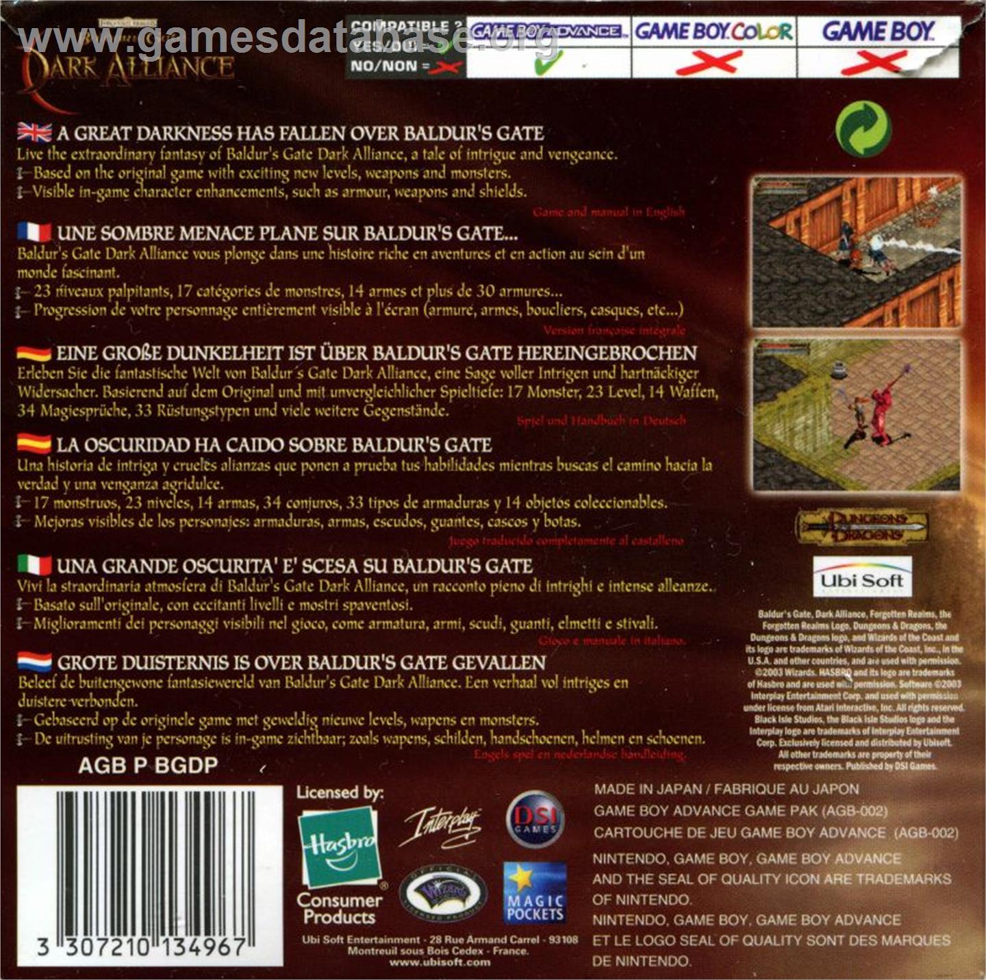 Baldur's Gate: Dark Alliance - Nintendo Game Boy Advance - Artwork - Box Back