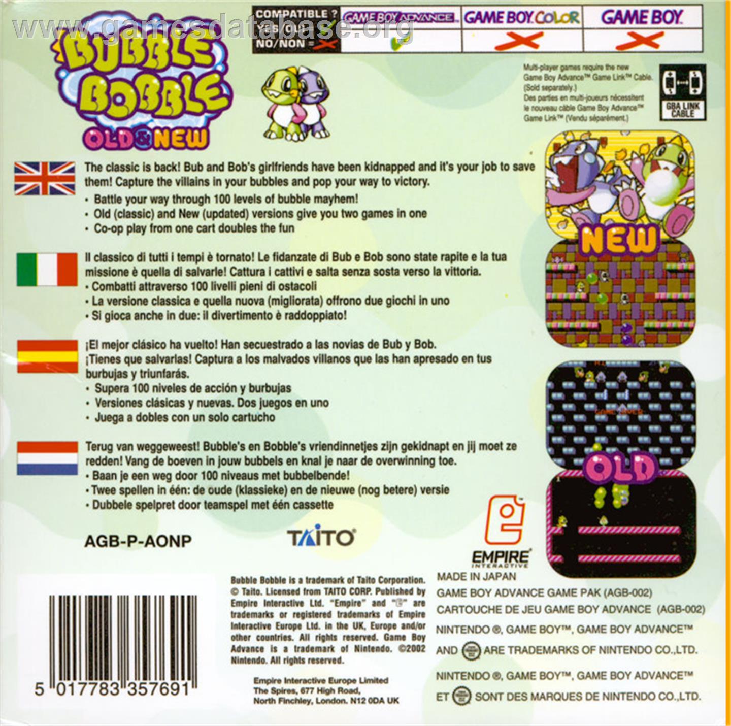 Bubble Bobble Old & New - Nintendo Game Boy Advance - Artwork - Box Back