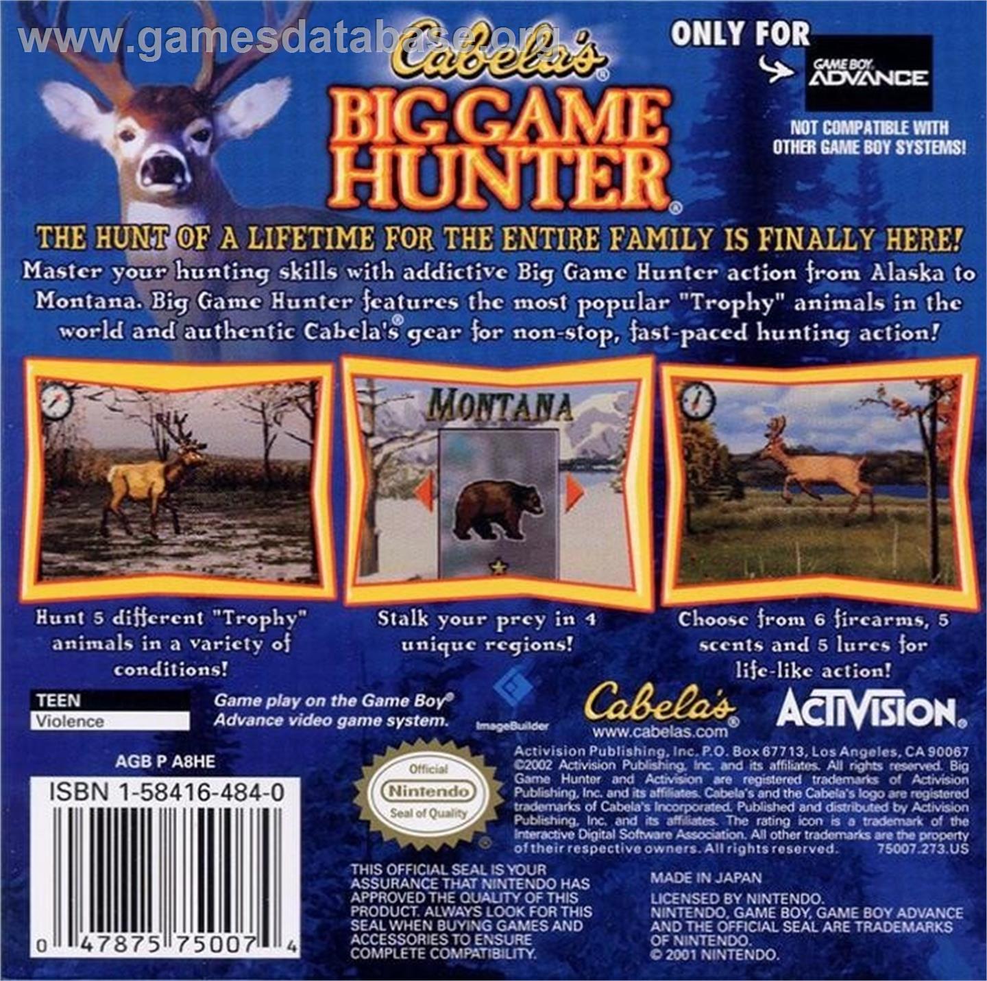 Cabela's Big Game Hunter - Nintendo Game Boy Advance - Artwork - Box Back