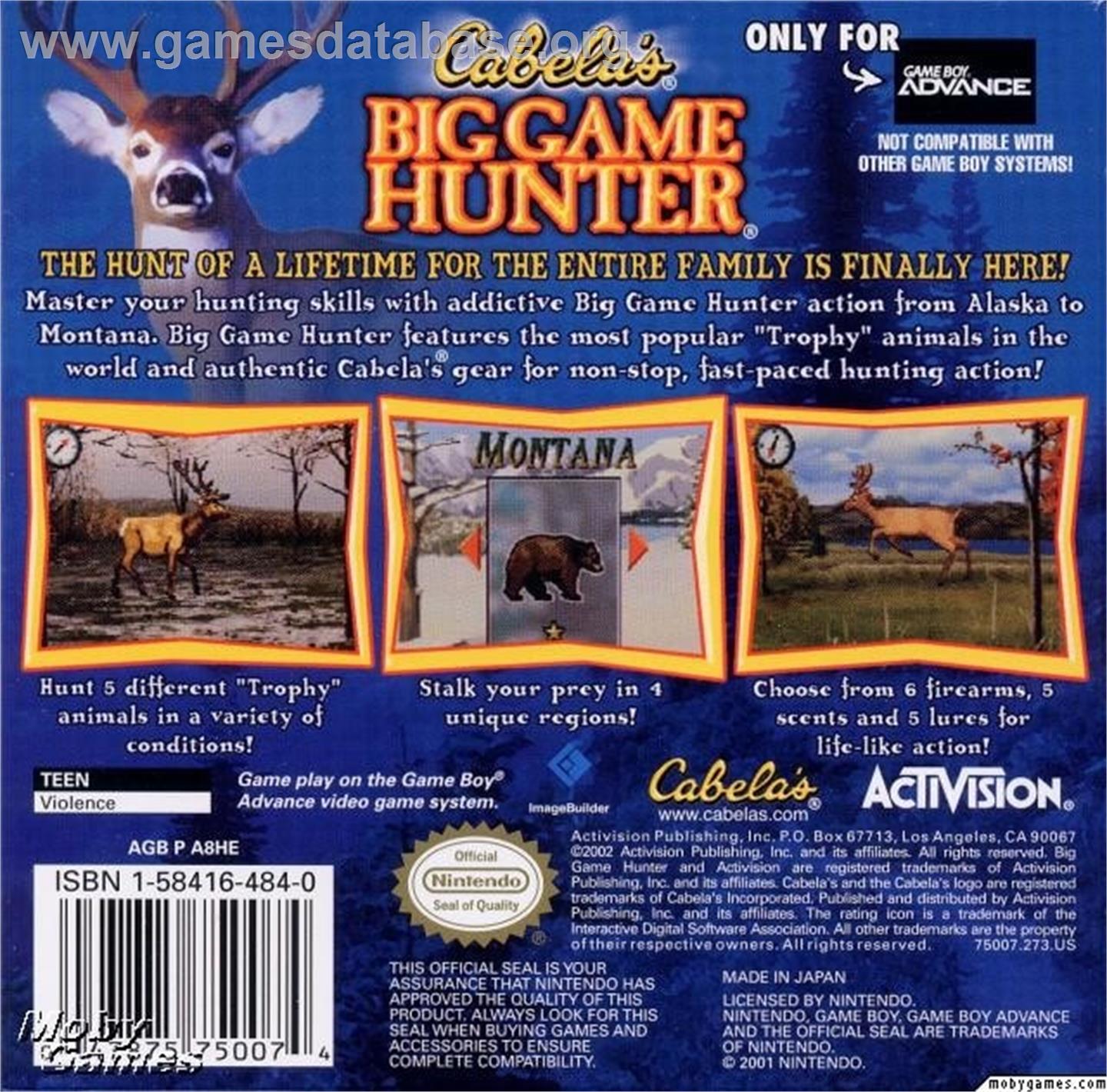 Cabela's Big Game Hunter 2005 Adventures - Nintendo Game Boy Advance - Artwork - Box Back