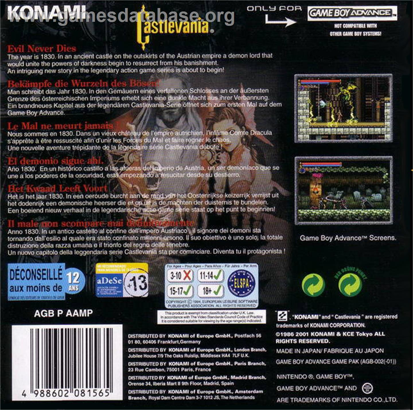 Castlevania - Nintendo Game Boy Advance - Artwork - Box Back