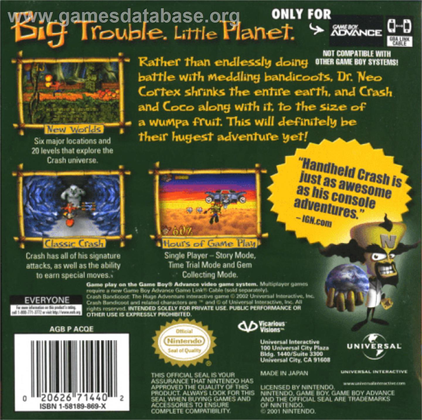Crash Bandicoot: The Huge Adventure - Nintendo Game Boy Advance - Artwork - Box Back