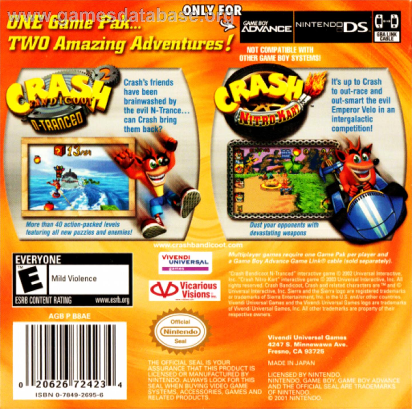 Crash Superpack: Crash Bandicoot 2: N-Tranced & Crash Nitro Kart - Nintendo Game Boy Advance - Artwork - Box Back