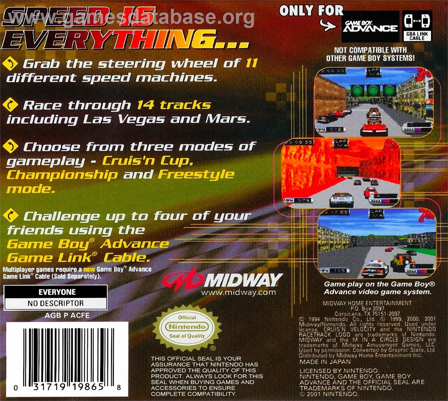 Cruis'n Velocity - Nintendo Game Boy Advance - Artwork - Box Back