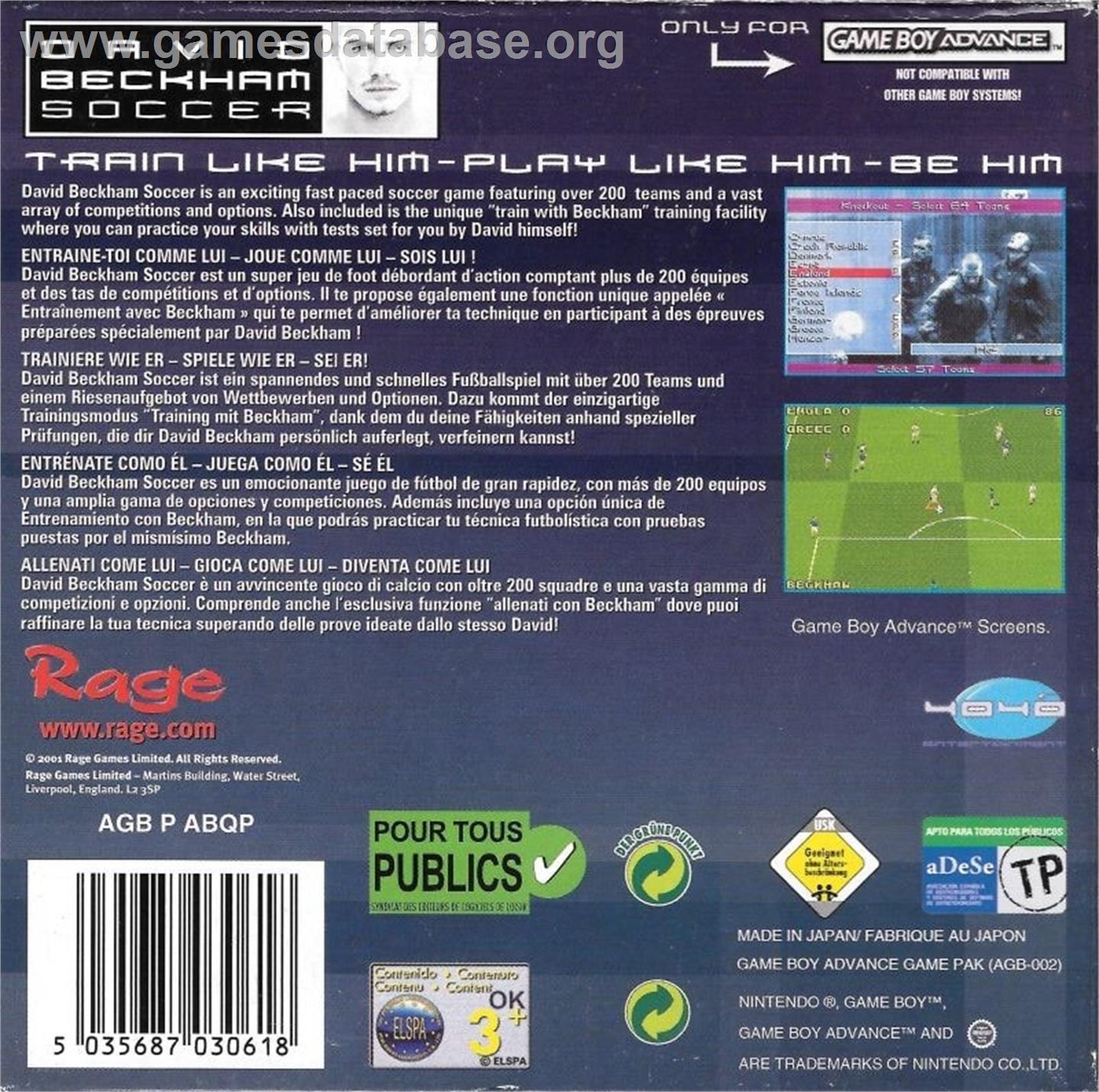 David Beckham Soccer - Nintendo Game Boy Advance - Artwork - Box Back