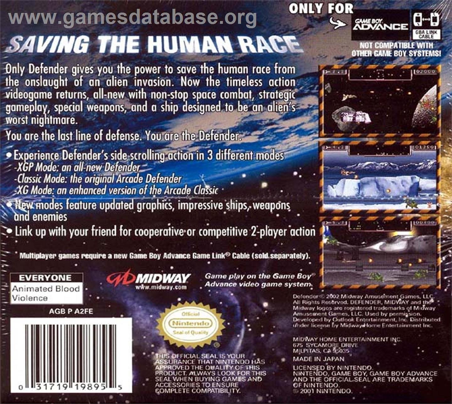 Defender - For All Mankind - Nintendo Game Boy Advance - Artwork - Box Back