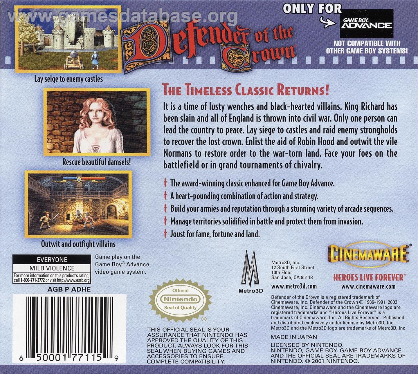 Defender Of The Crown - Nintendo Game Boy Advance - Artwork - Box Back