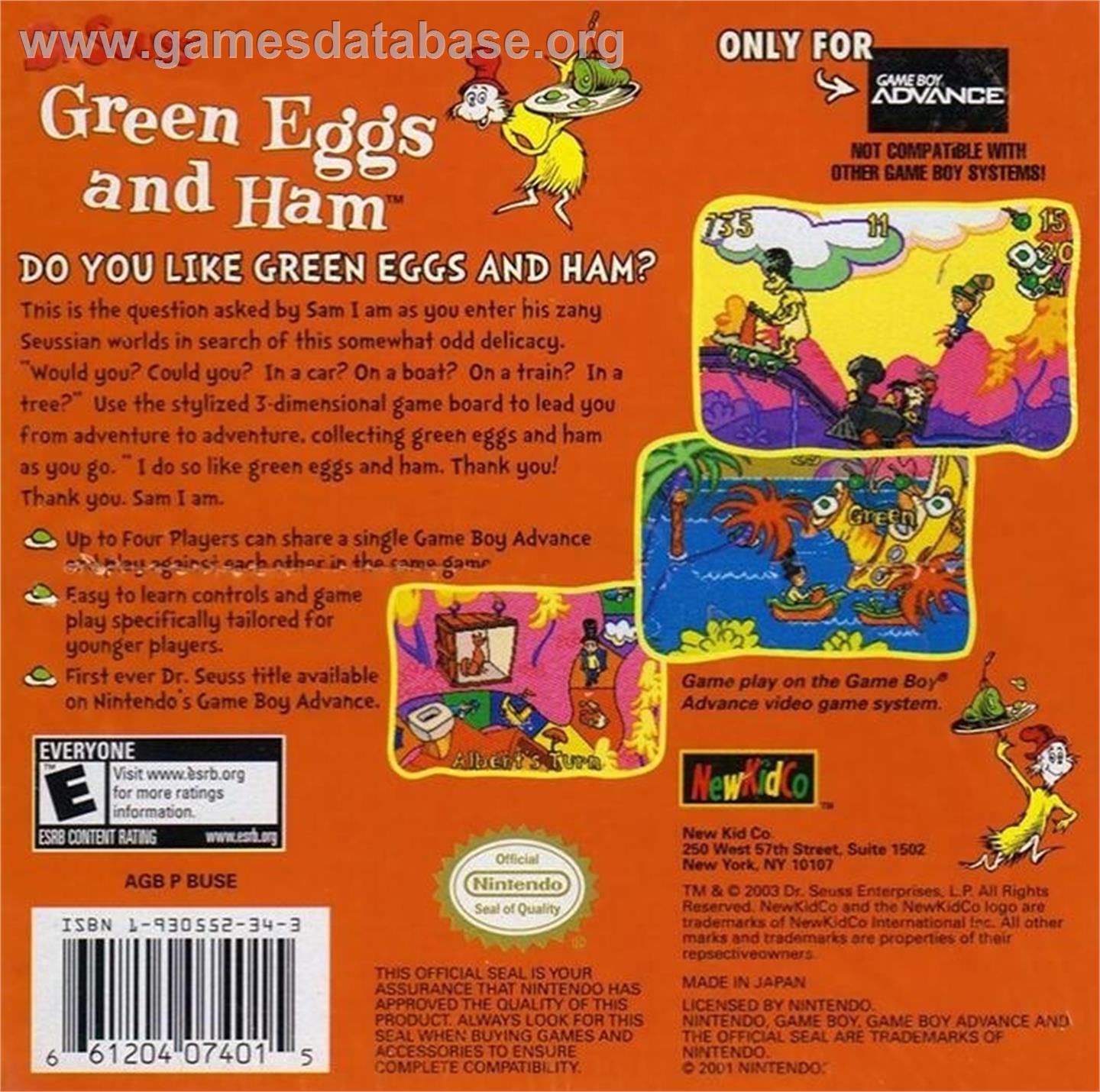 Dr. Seuss - Green Eggs and Ham - Nintendo Game Boy Advance - Artwork - Box Back
