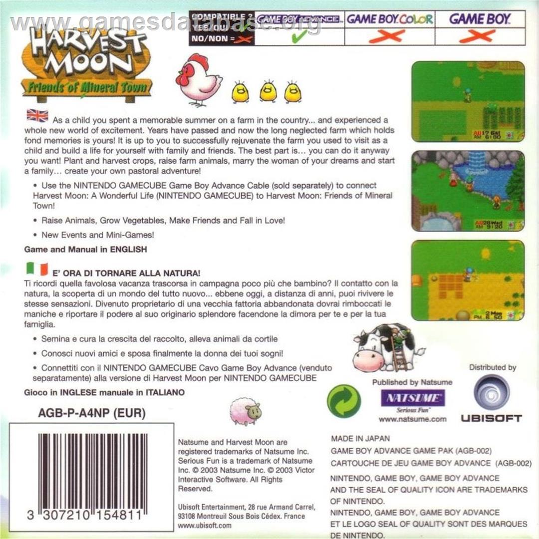 Harvest Moon: Friends of Mineral Town - Nintendo Game Boy Advance - Artwork - Box Back
