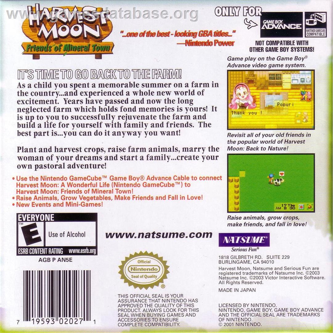 Harvest Moon - Friends Of Mineral Town - Nintendo Game Boy Advance - Artwork - Box Back