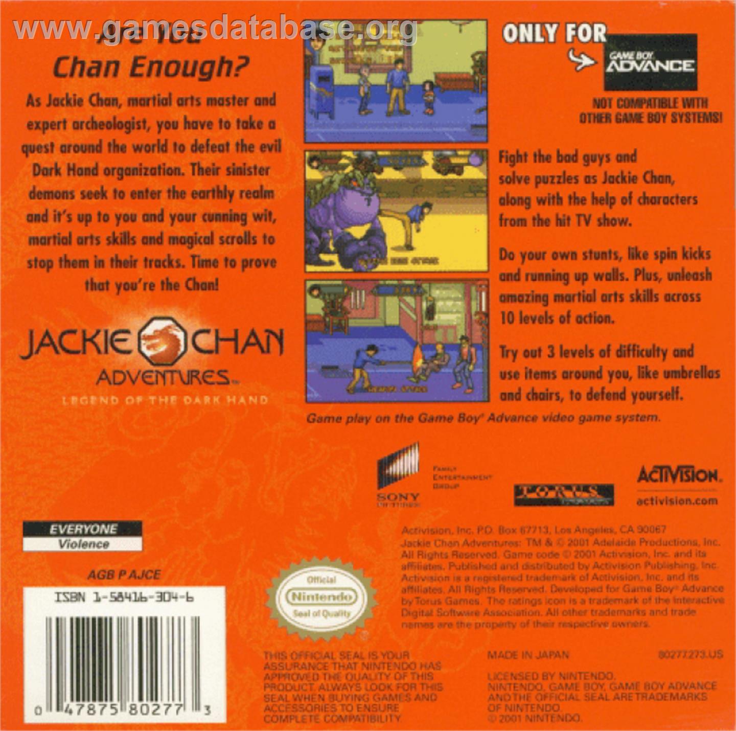 Jackie Chan Adventures: Legend of the Dark Hand - Nintendo Game Boy Advance - Artwork - Box Back