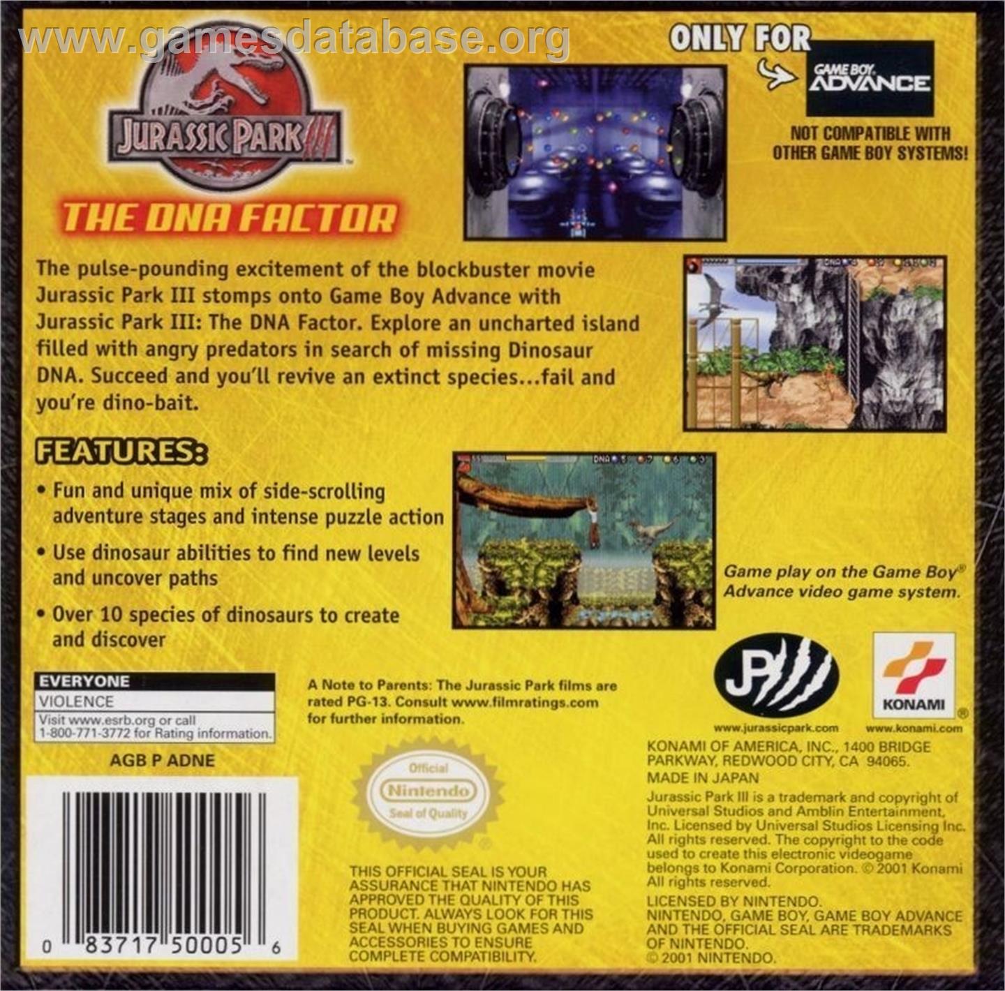 Jurassic Park III: The DNA Factor - Nintendo Game Boy Advance - Artwork - Box Back