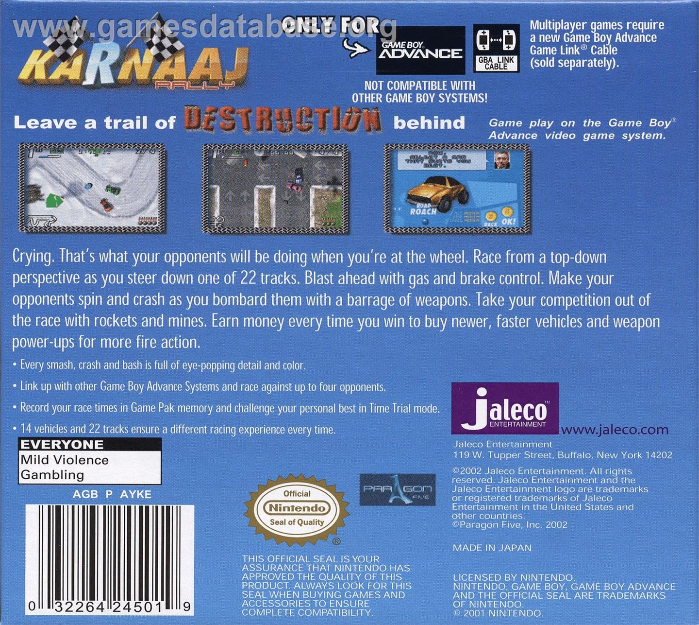 Karnaaj Rally - Nintendo Game Boy Advance - Artwork - Box Back