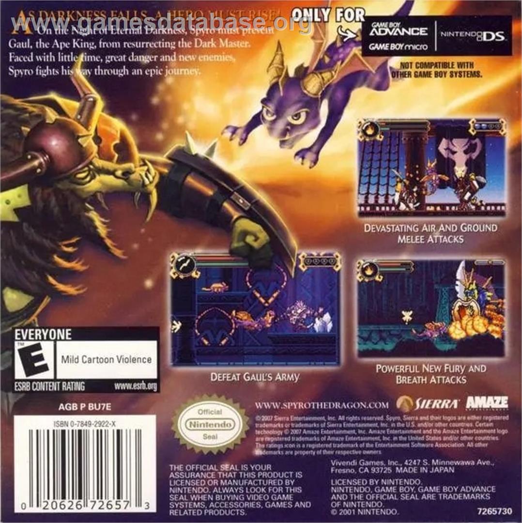 Legend Of Spyro - The Eternal Night, The - Nintendo Game Boy Advance - Artwork - Box Back