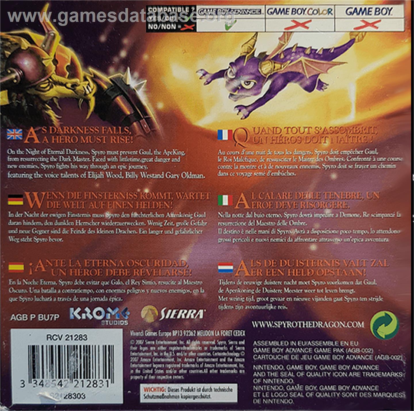 Legend of Spyro: The Eternal Night - Nintendo Game Boy Advance - Artwork - Box Back