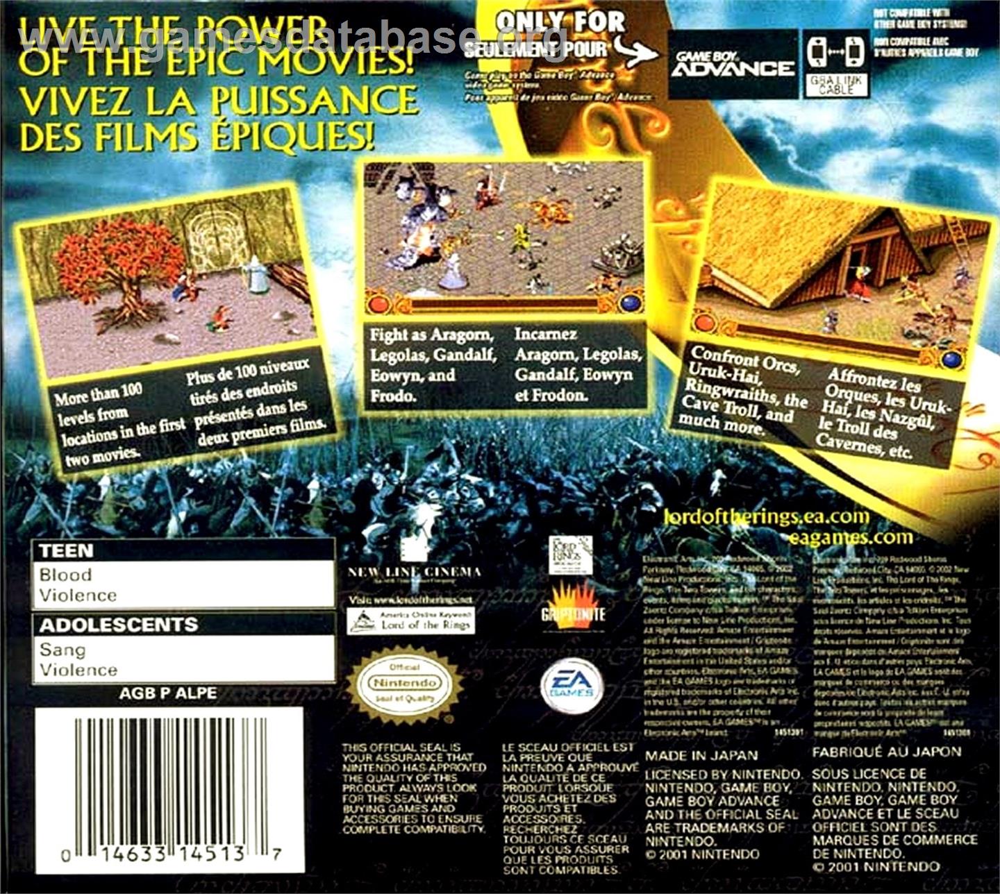 Lord Of The Rings, The - The Two Towers - Nintendo Game Boy Advance - Artwork - Box Back