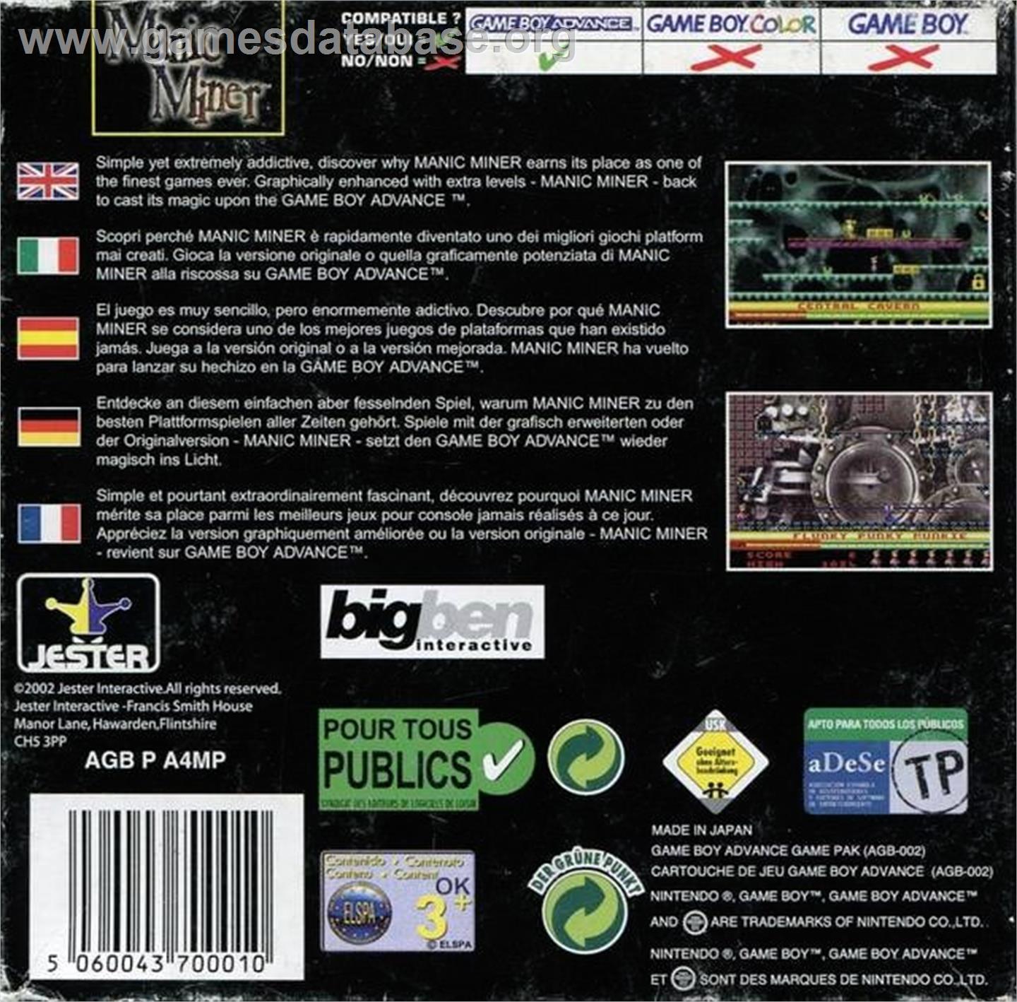Manic Miner - Nintendo Game Boy Advance - Artwork - Box Back
