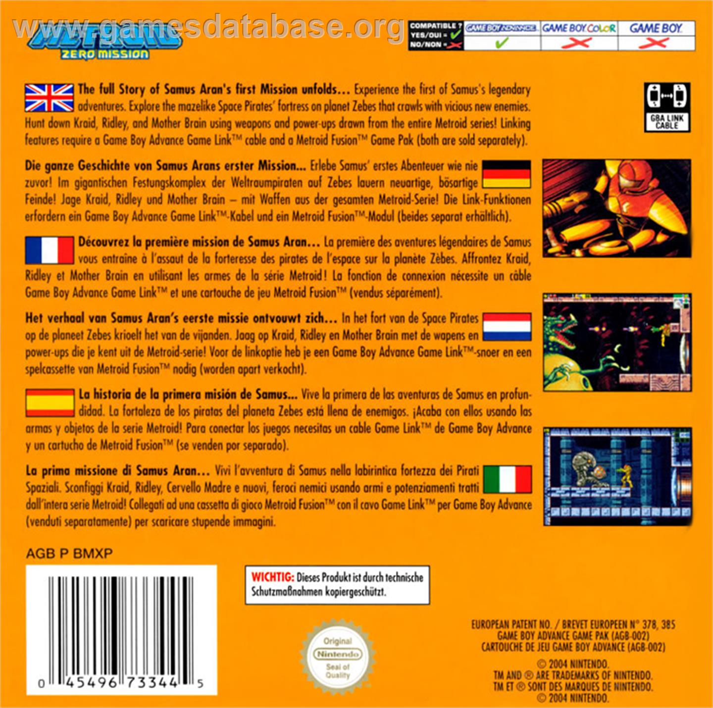 Metroid: Zero Mission - Nintendo Game Boy Advance - Artwork - Box Back