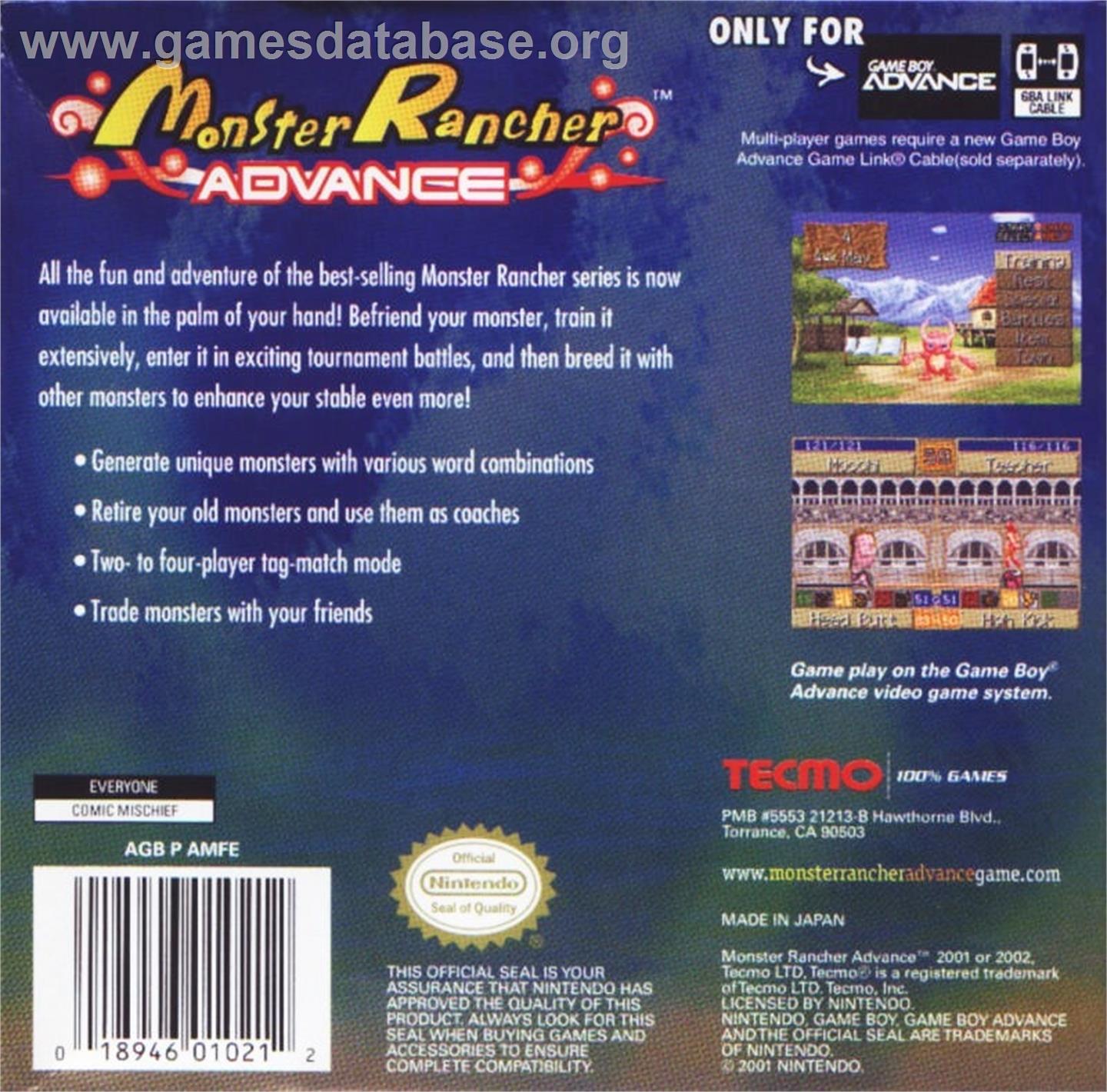 Monster Rancher Advance - Nintendo Game Boy Advance - Artwork - Box Back