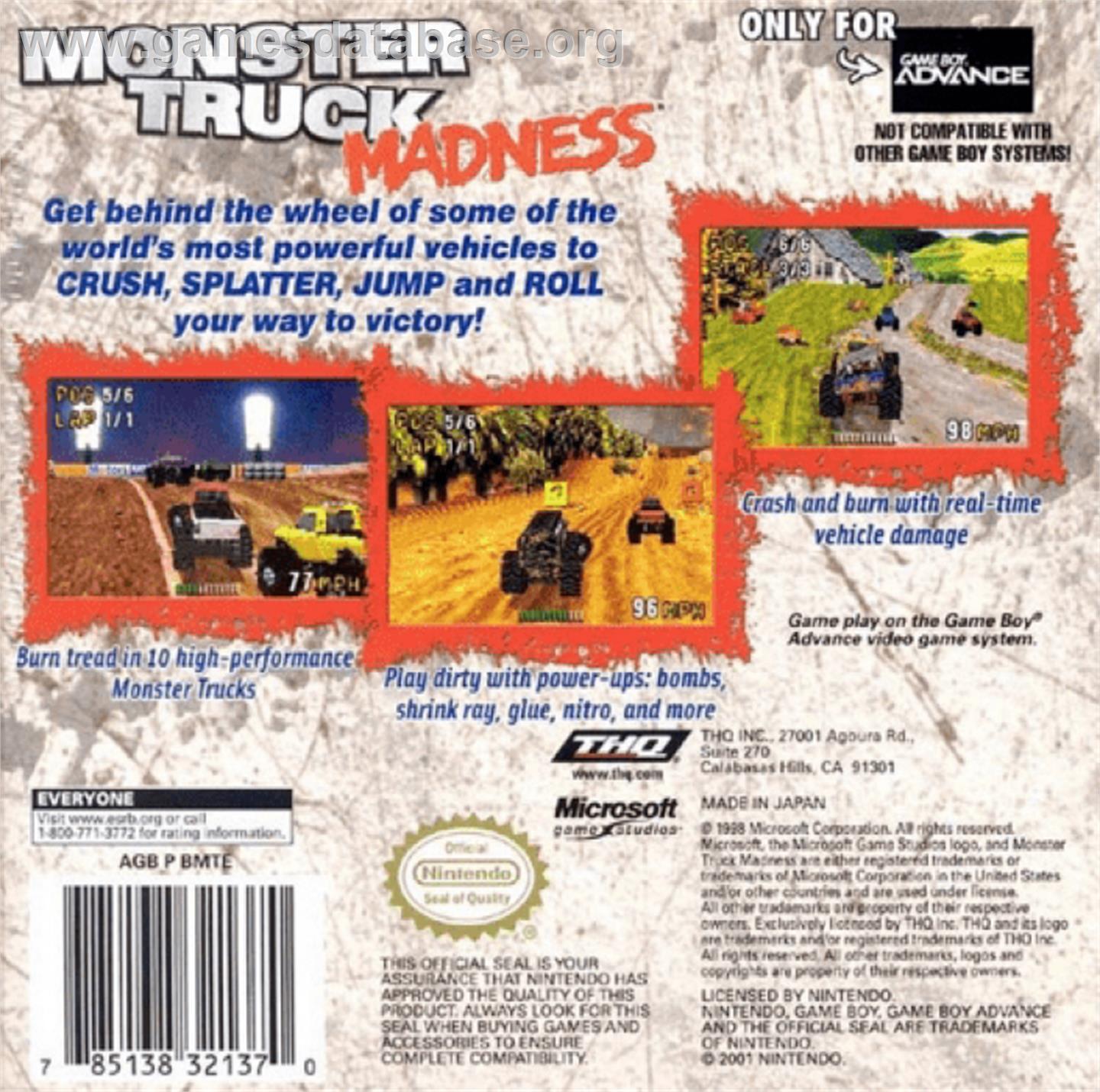 Monster Truck Madness - Nintendo Game Boy Advance - Artwork - Box Back