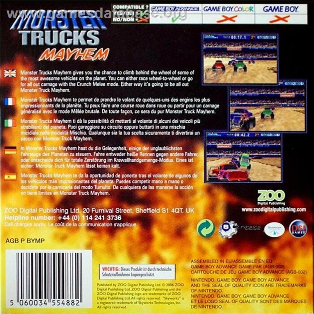 Monster Trucks Mayhem - Nintendo Game Boy Advance - Artwork - Box Back