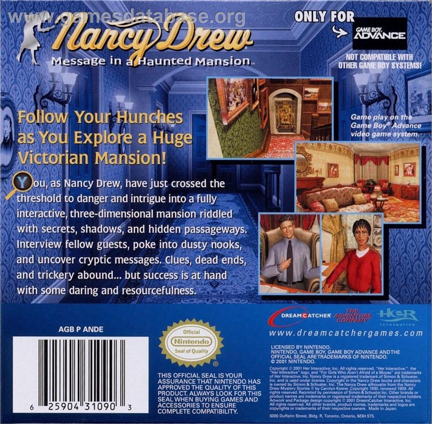 Nancy Drew: Message in a Haunted Mansion - Nintendo Game Boy Advance - Artwork - Box Back