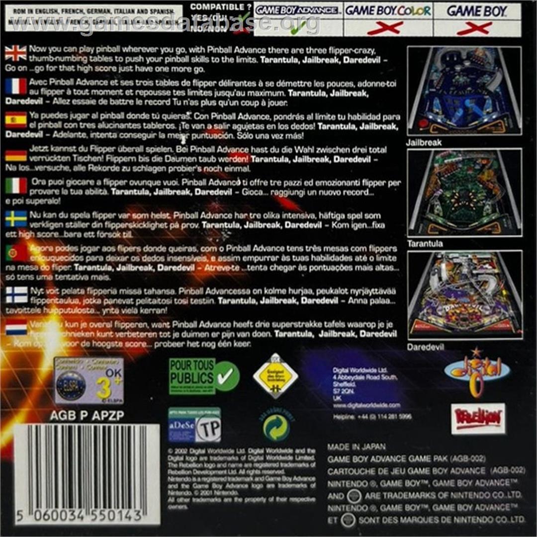 Pinball Advance - Nintendo Game Boy Advance - Artwork - Box Back