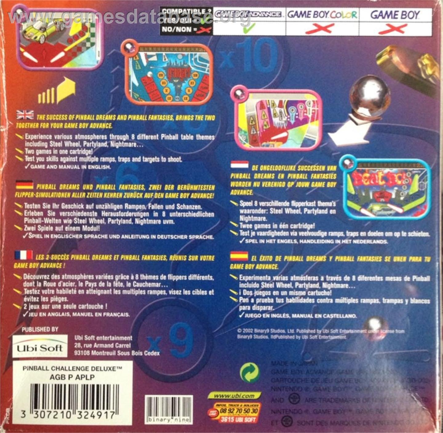 Pinball Challenge Deluxe - Nintendo Game Boy Advance - Artwork - Box Back