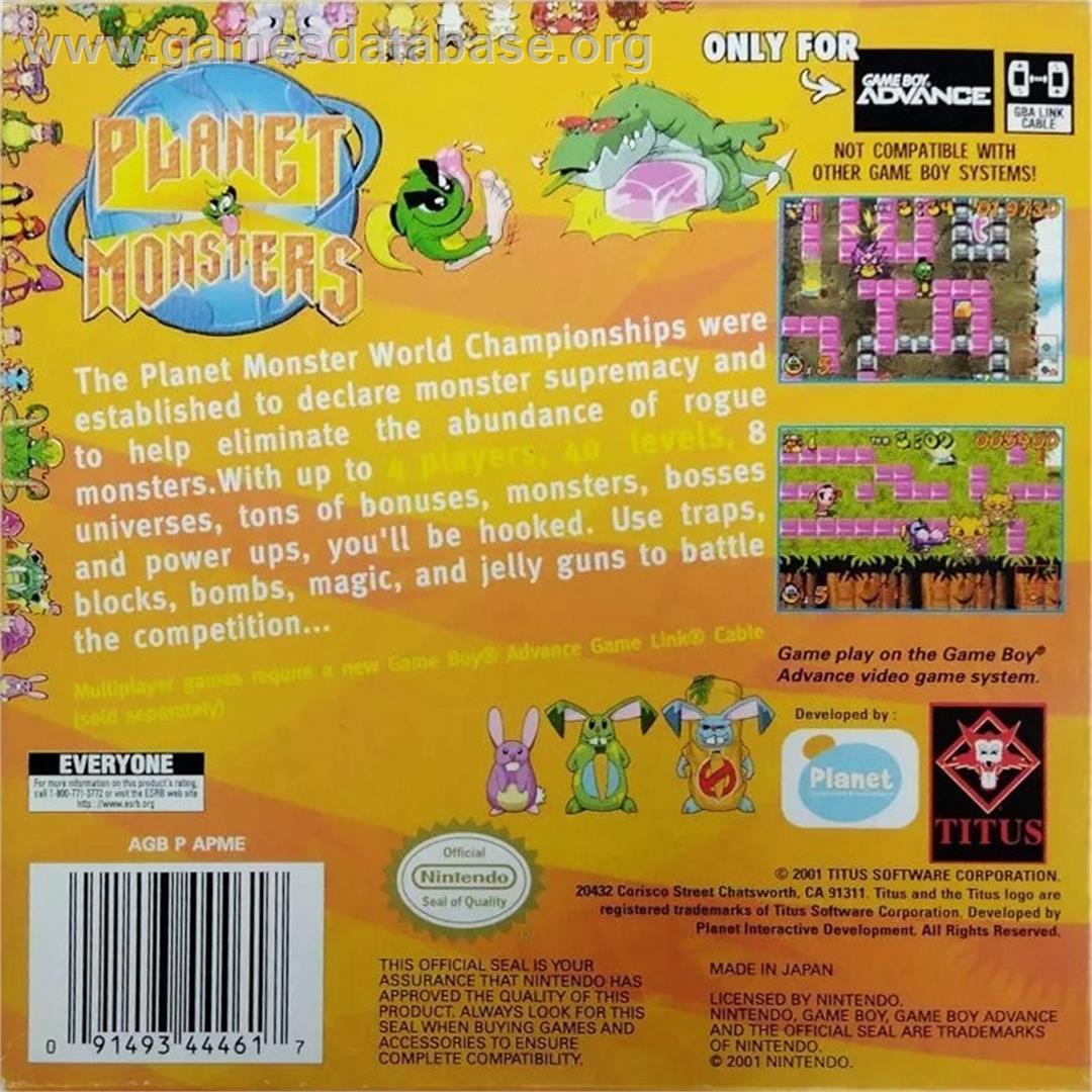 Planet Monsters - Nintendo Game Boy Advance - Artwork - Box Back
