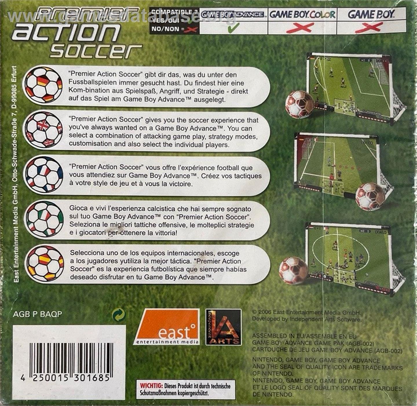 Premier Action Soccer - Nintendo Game Boy Advance - Artwork - Box Back