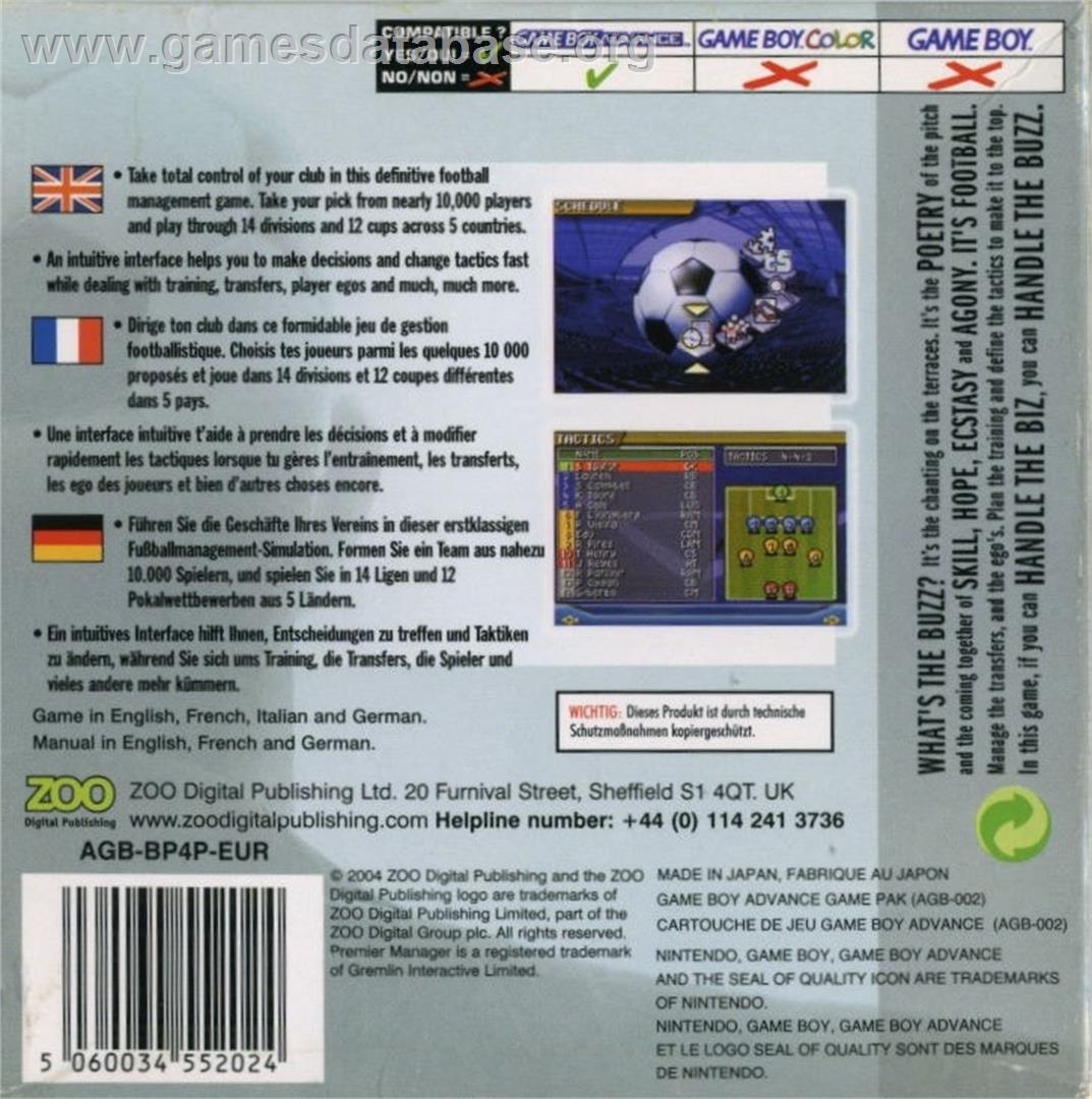 Premier Manager 2004-2005 - Nintendo Game Boy Advance - Artwork - Box Back