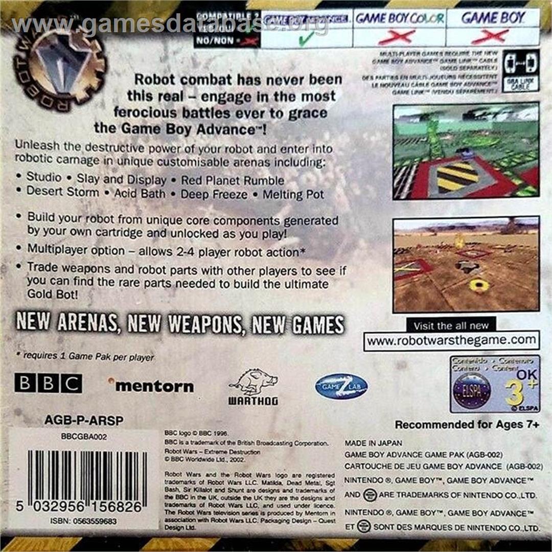 Robot Wars 2: Extreme Destruction - Nintendo Game Boy Advance - Artwork - Box Back
