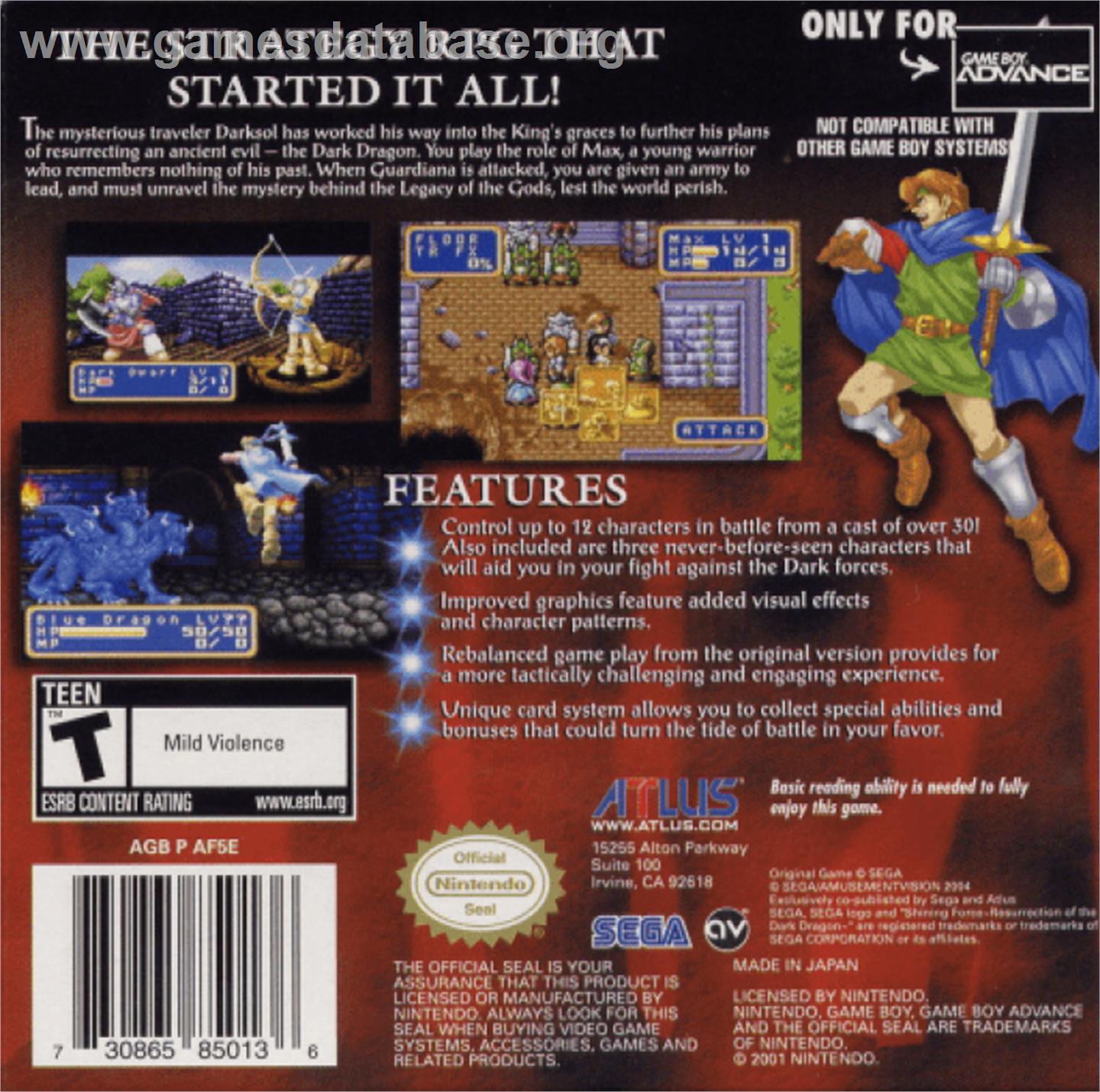 Shining Force: Resurrection of the Dark Dragon - Nintendo Game Boy Advance - Artwork - Box Back