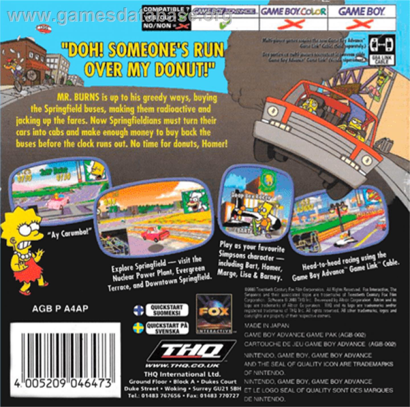 Simpsons: Road Rage - Nintendo Game Boy Advance - Artwork - Box Back