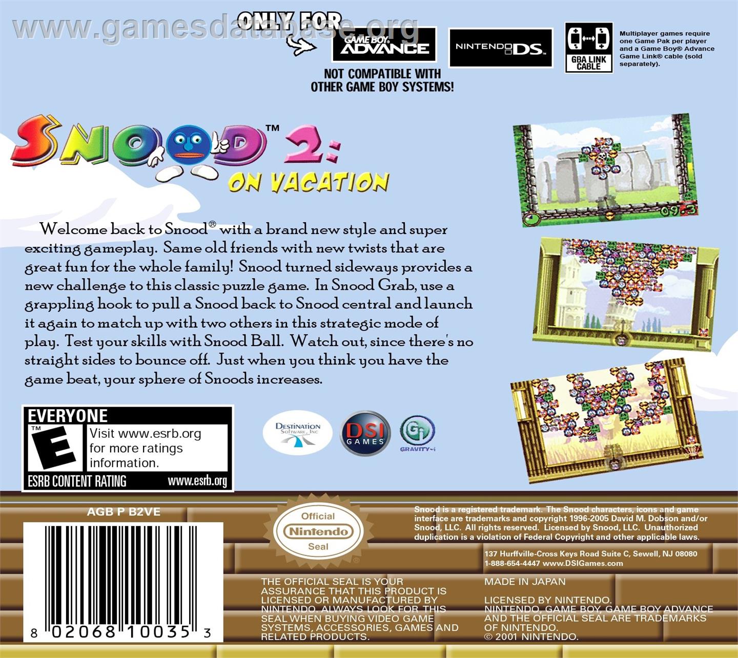 Snood 2: On Vacation - Nintendo Game Boy Advance - Artwork - Box Back