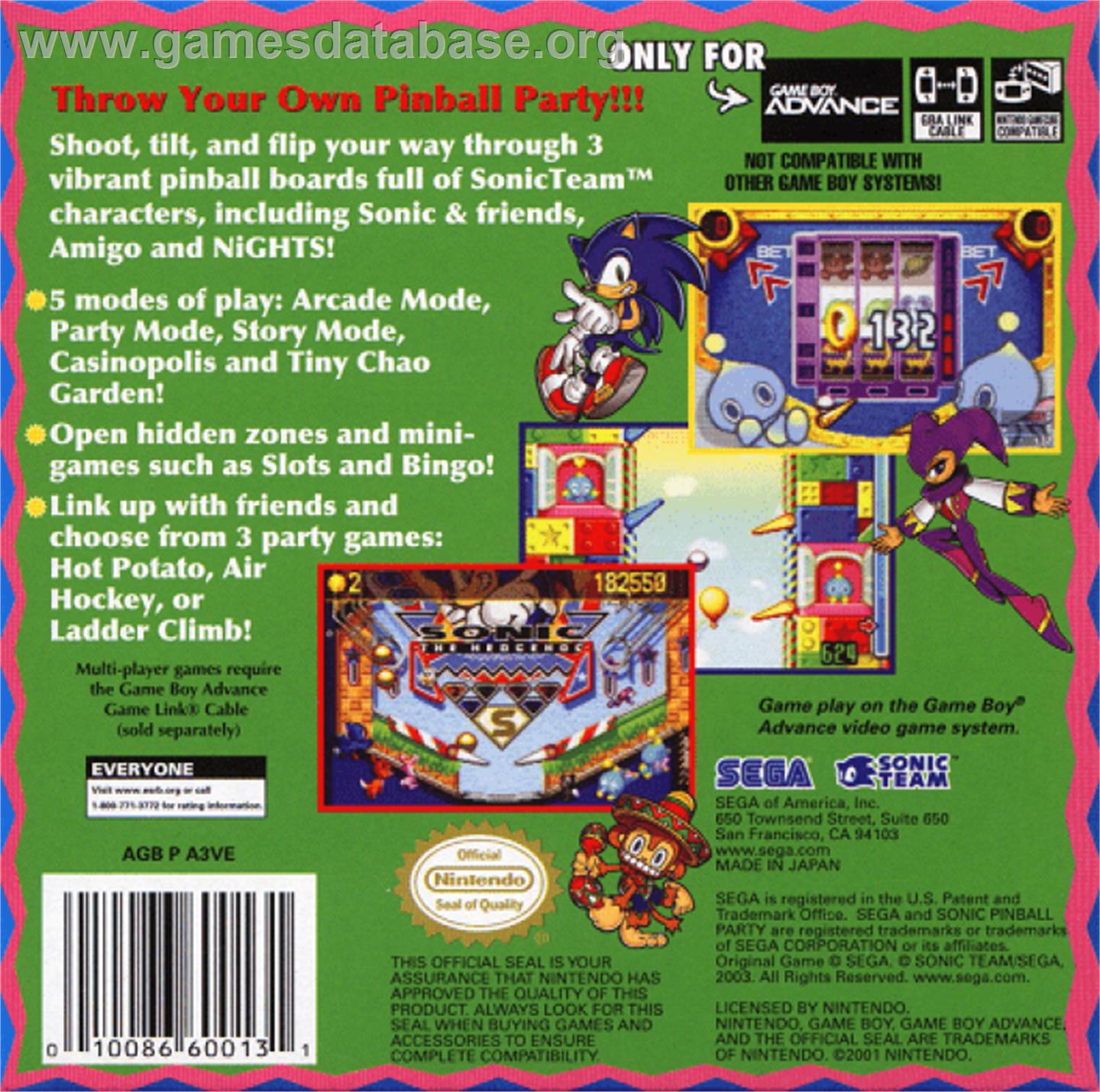 Sonic Pinball Party - Nintendo Game Boy Advance - Artwork - Box Back