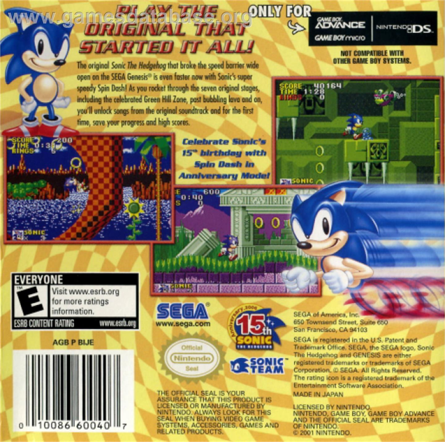 Sonic The Hedgehog - Nintendo Game Boy Advance - Artwork - Box Back