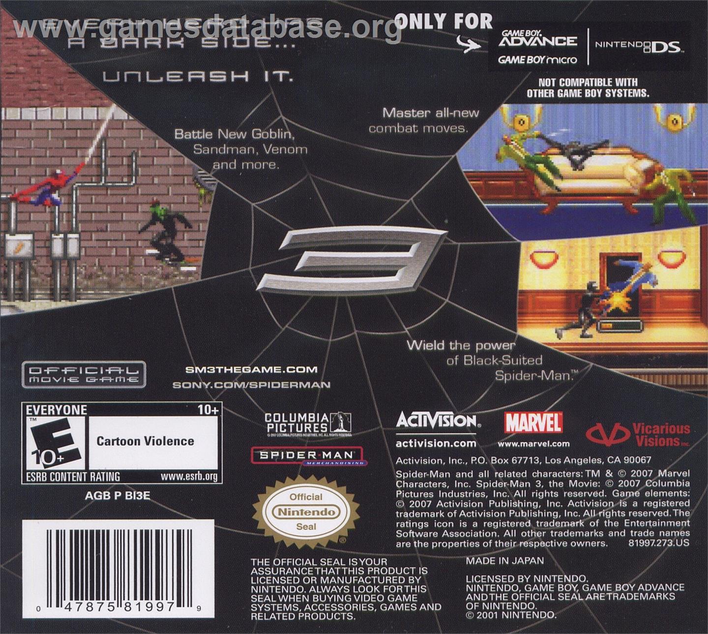 Spider-man 3 - Nintendo Game Boy Advance - Artwork - Box Back