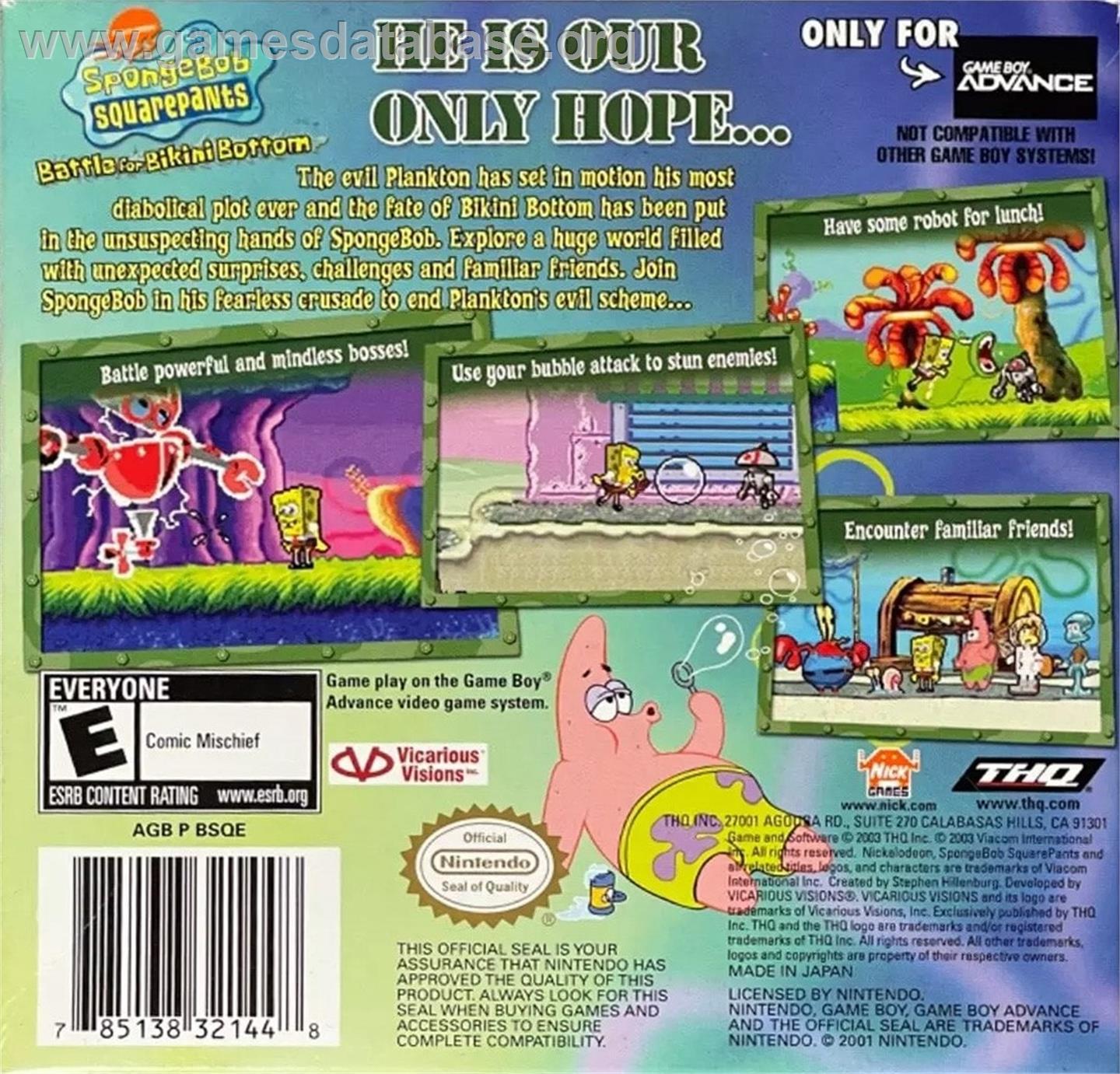 Spongebob Squarepants - Battle For Bikini Bottom - Nintendo Game Boy Advance - Artwork - Box Back