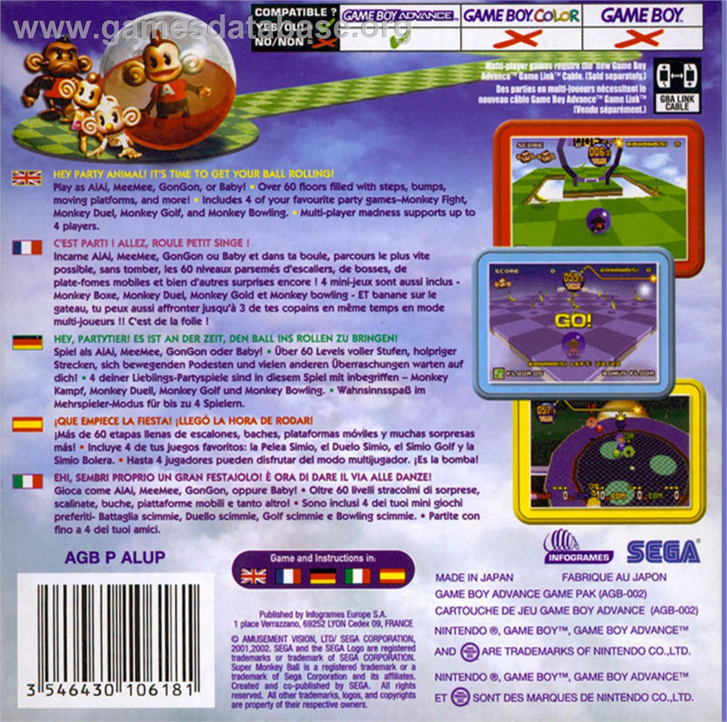 Super Monkey Ball Jr. - Nintendo Game Boy Advance - Artwork - Box Back