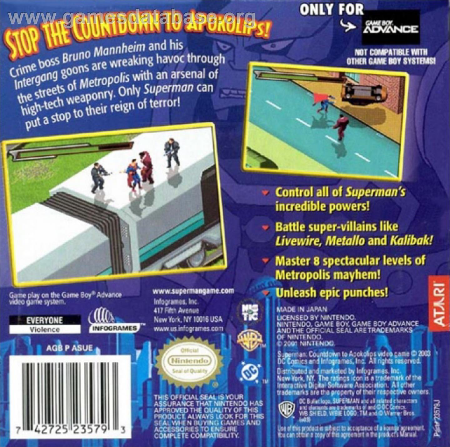 Superman: Countdown to Apokolips - Nintendo Game Boy Advance - Artwork - Box Back