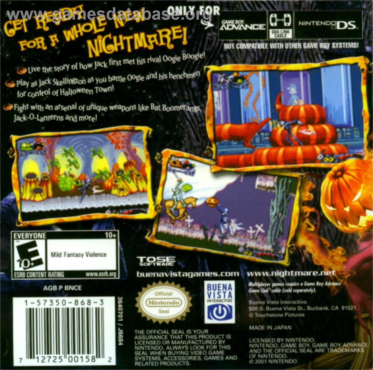 Tim Burton's The Nightmare Before Christmas: The Pumpkin King - Nintendo Game Boy Advance - Artwork - Box Back